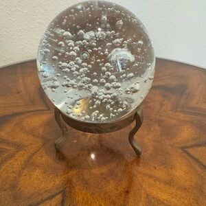 Vintage Hand Blown Clear Bubble Sphere / Orb on Brass Stand